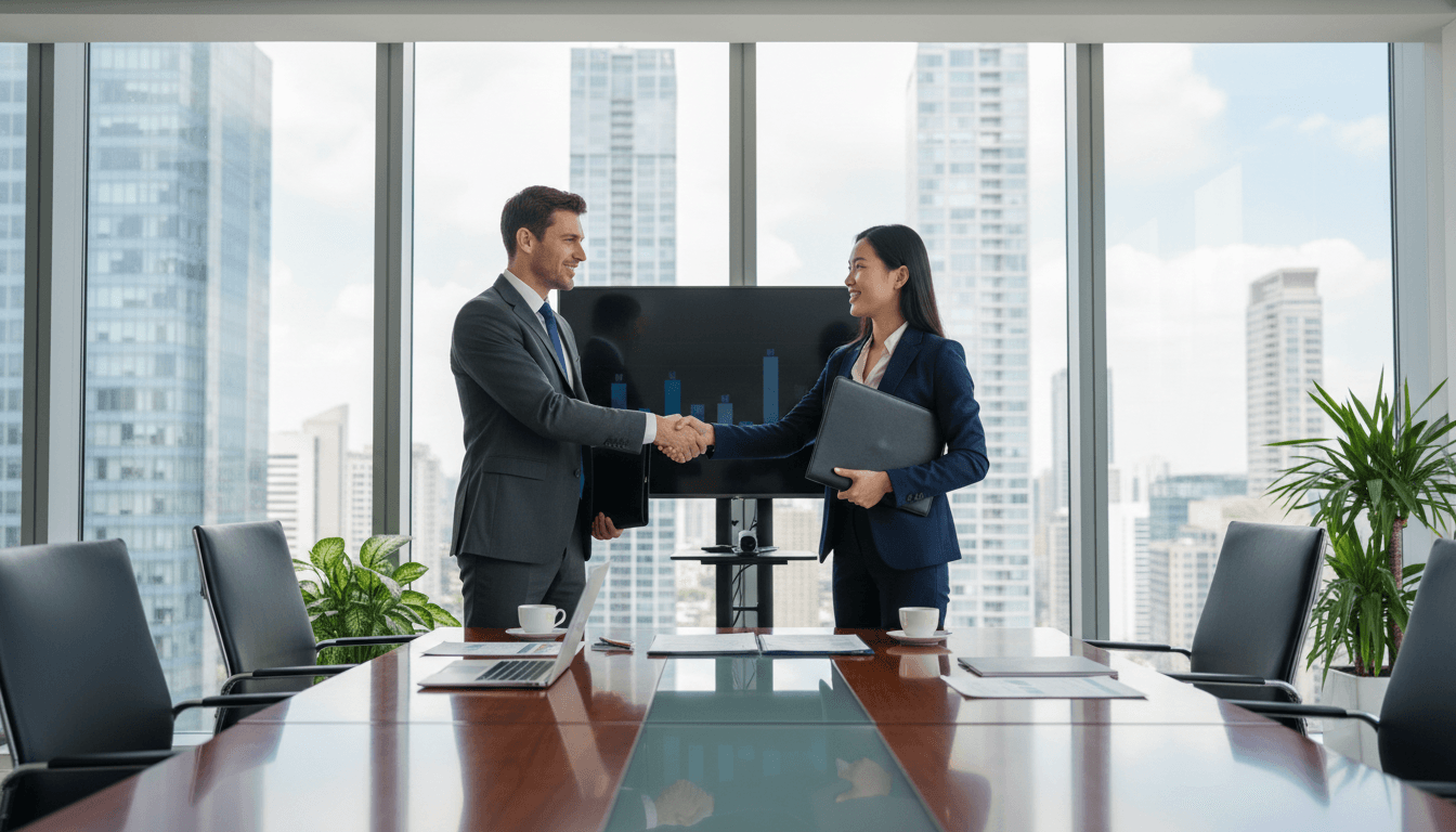 business handshake between professional representatives in modern office meeting setting
