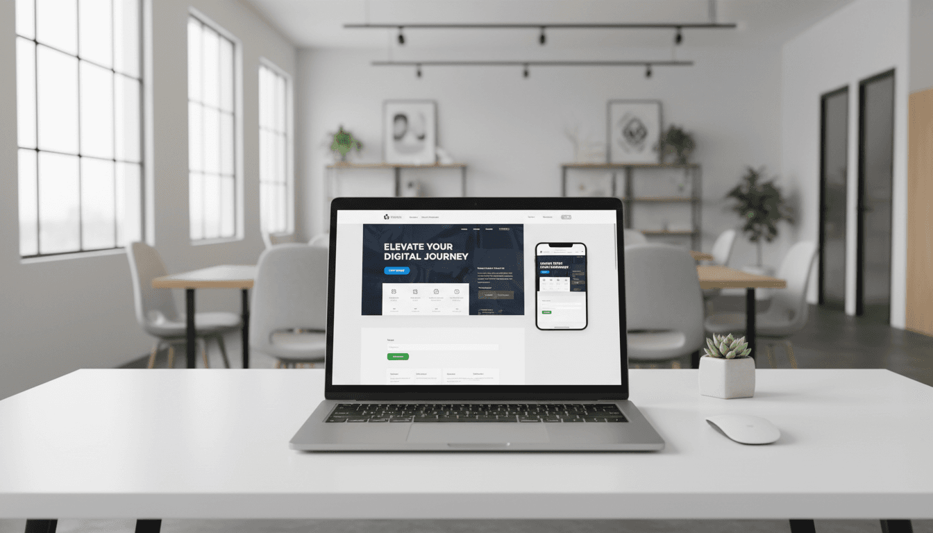Laptop displaying responsive website design in bright modern co-working space with natural window lighting and minimalist office setup