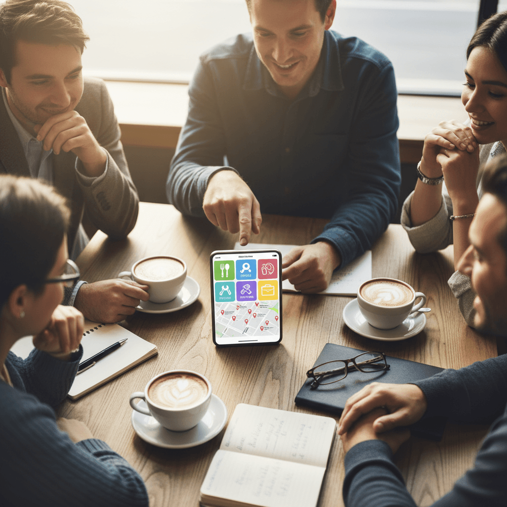 Diverse group of people gathered around smartphone viewing colorful business directory app with location and category listings
